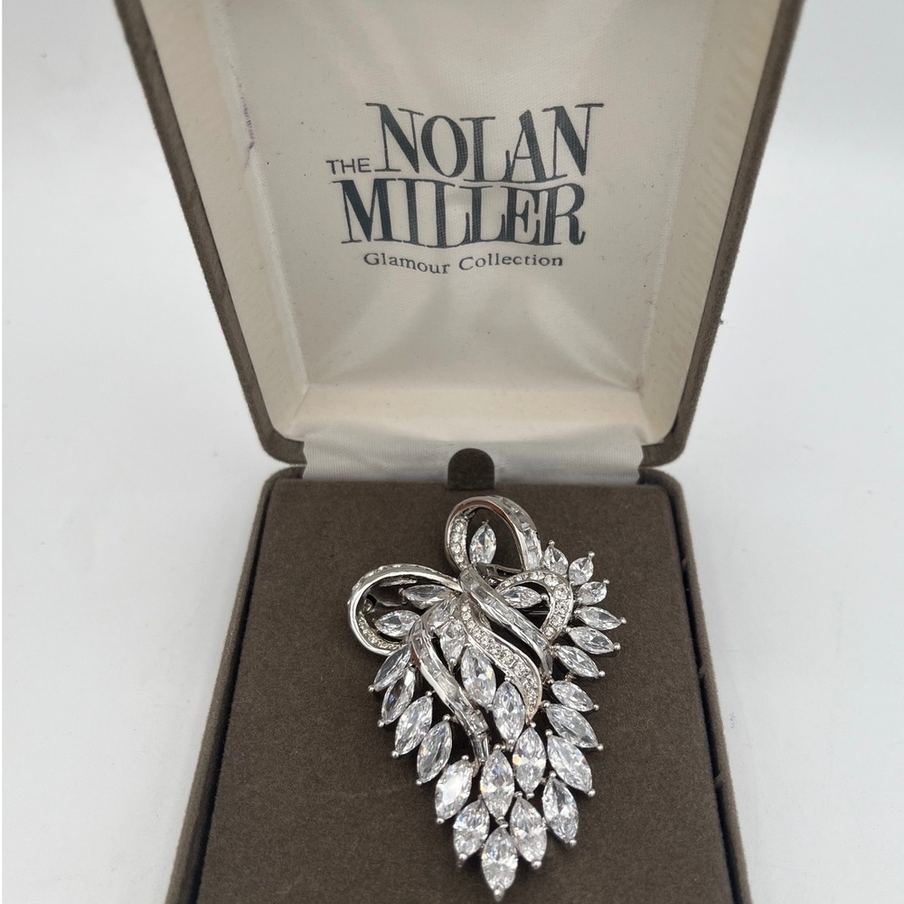 Nolan Miller Glamour Collection Silver Tone Marquise CZ Spray Brooch Pin Org box